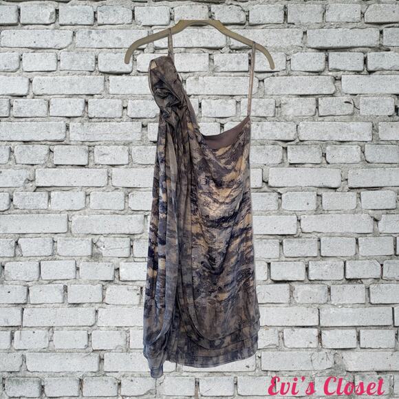 NWT Max Azria Women's One Strap Ruffled Mini Dress Grey/Blue. 100% Silk. Size  L - Picture 2 of 9